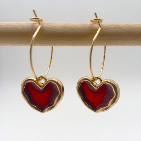 Heart Earrings Gold Red Dangle Hoop Simple Trendy Enamel Stylish Glam Love New - Picture 2 of 3